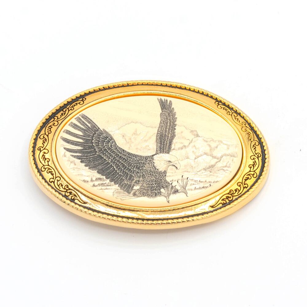 Vintage BARLOW Scrimshaw Eagle Belt Buckle Brass Oval Western USA Made 1980s
